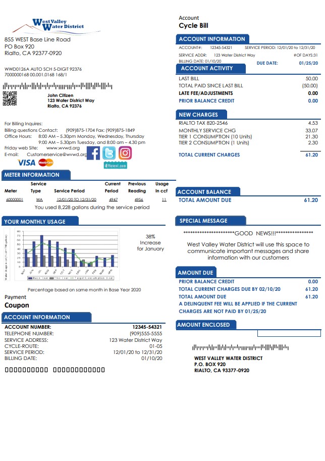 USA California West Valley Water District utility bill template in Word and PDF format